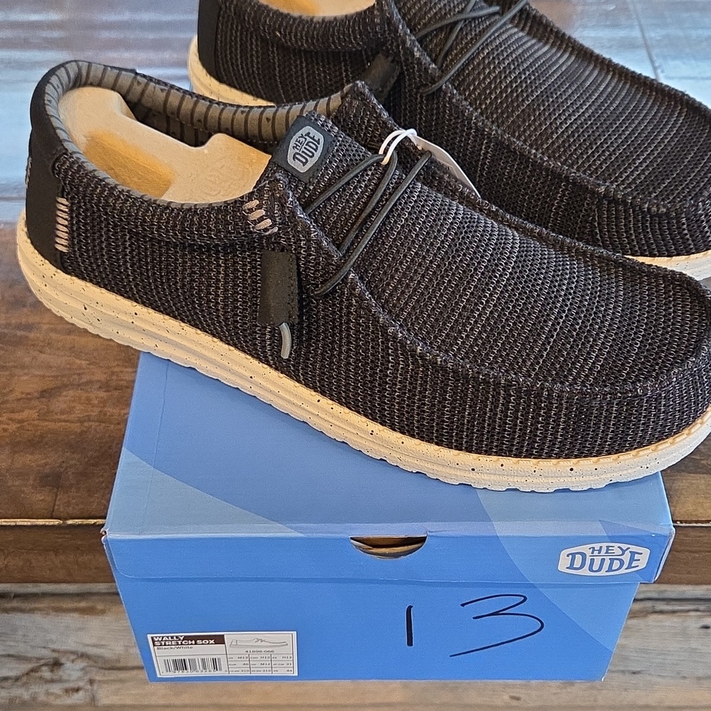 Hey Dude Size 13 Men's Black White And Charcoal Knit Wally Stretch Sox Shoes